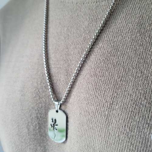 Men's Pendant Military Plate With Lizard Salamander in Stainless Steel and Chain Included