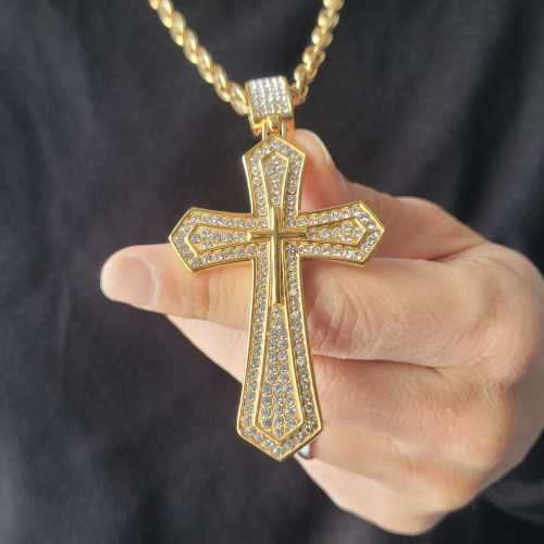 Grand Pendentif Homme Croix de Jesus XXL en Acier Or Serti de Cristaux Hip Hop et Chaine Grains de café Incluse