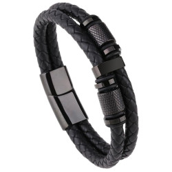 Herren Armband Leder zwei Bereiche und Zylinder Edelstahl Schwarz Burner Clasp