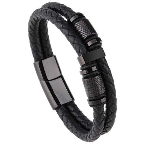 Men's Bracelet Leather Two Rangs and Cylinders Stainless Steel Black Burner Clasp