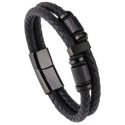 Men's Bracelet Leather Two Rangs and Cylinders Stainless Steel Black Burner Clasp