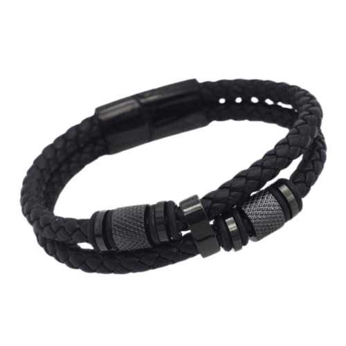 Bracelet Homme en Cuir Deux Rangs et Cylindres Acier Inoxydable Noir Fermoir à Graver