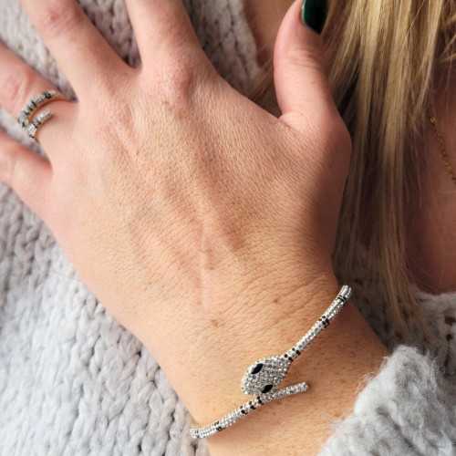 Bracelet Jonc Femme Serpent en Acier Inoxydable Doré à l'Or Fin et Cristaux yeux noirs