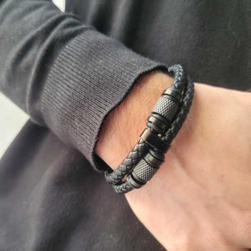 Bracelet Homme Cuir Deux Rangs avec Cylindres Acier Inoxydable Noir Fermoir à Graver