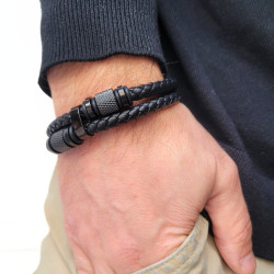 Herren Armband Leder zwei Bereiche und Zylinder Edelstahl Schwarz Burner Clasp
