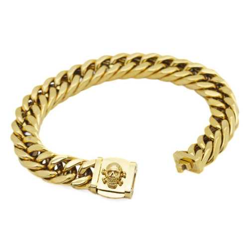 Kubanisches Mesh-Armband für Herren mit Totenkopfverschluss aus goldfarbenem Edelstahl Biker