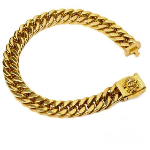 Pulsera de hombres Correo cubano con Cabeza de Muerte Cierre de acero inoxidable Doré Biker