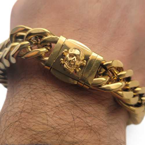 Cuban Herren Armband mit Original Death Head Clasp in Edelstahl Doré Biker