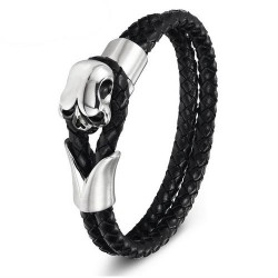 Bracciale da uomo in pelle biker biker e teschio in acciaio