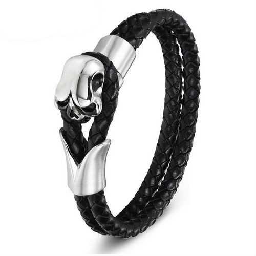 Herrenarmband aus Leder und Totenkopf-Biker-Stahl