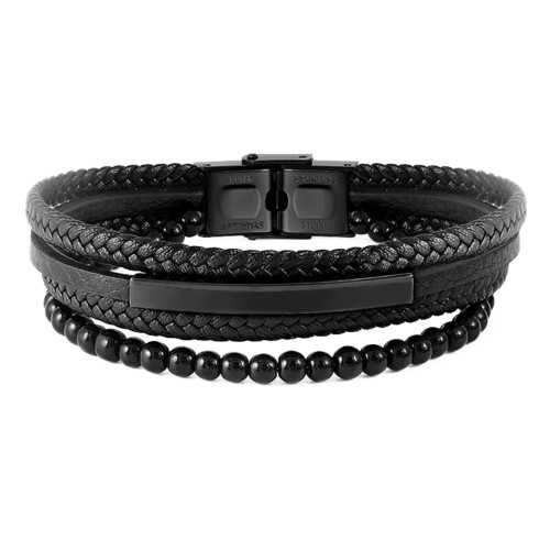 Multi-range Men's Bracelet Black Leather and Stainless Steel Plate Black Customizable
