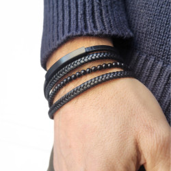 Pulsera de Hombres Multi-range Negro Cuero y Placa de acero inoxidable