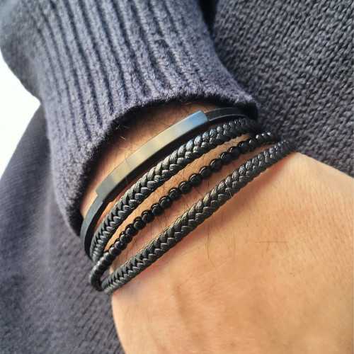 Multi-Range Herren Schwarzes Lederarmband und Edelstahlplatte Schwarz anpassbar