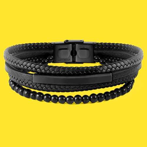 Pulsera de Hombres Multi-range Negro de cuero y placa de acero inoxidable