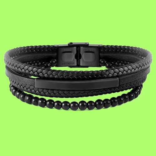 Bracelet Homme Multi-rangs Cuir Noir et Plaque Acier Inoxydable Noir personnalisé