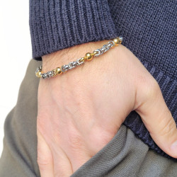 Bracelet Byzantin en Acier Inoxydable et boules dorées 8mm - Gourmette Homme Maille Byzantine