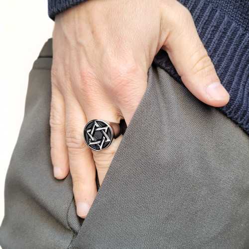 Chevalière homme acier inoxydable plateau étoile croix de David