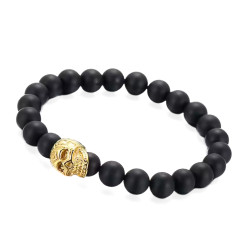 Schwarz Perlen Herren Armband mit Biker Gold Steel Death Head - 18 bis 20 cm