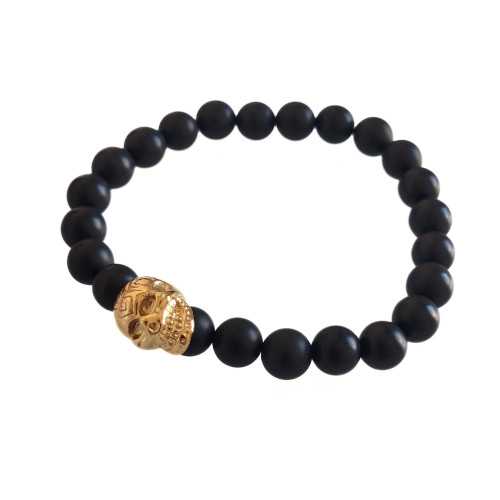 Bracciale elastico da uomo perline nere con teschio in acciaio dorato Biker - da 18 a 20 cm