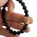 Schwarze Perlen Herren Armband mit Death Head in Biker Gold Steel - 18 bis 20 cm