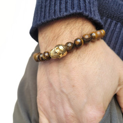 Pulsera de la cabeza de la muerte en acero inoxidable oro y cuentas Tiger Eye Biker - 18 a 20 cm