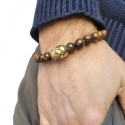 Bracciale a testa di morte in acciaio inossidabile Oro e Perline Occhio di Tigre Biker - da 18 a 20 cm