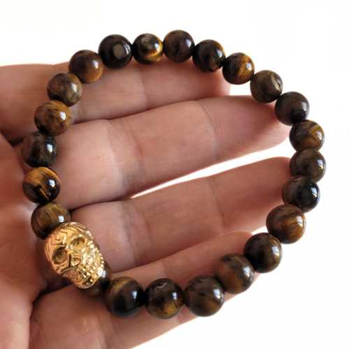 Bracelet Tête de Mort en Acier Inoxydable Or et Perles Oeil de Tigre Homme Biker