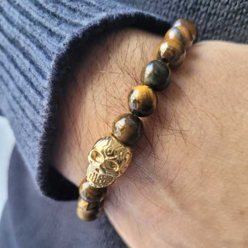 Goldenes Totenkopf-Armband aus Edelstahl mit Tigerauge-Perlen für Biker-Männer – 18 bis 20 cm