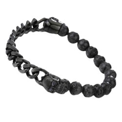 Men's Double Death Heads Bracelet with Cuban Chain Black...