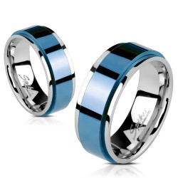 Bague anneau homme femme acier bleu bords couleur argent rotative spin
