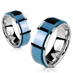 BAGUE ANNEAU HOMME FEMME ADO ACIER BLEU BORDS COULEUR ARGENT ROTATIVE SPIN NEUVE 1657