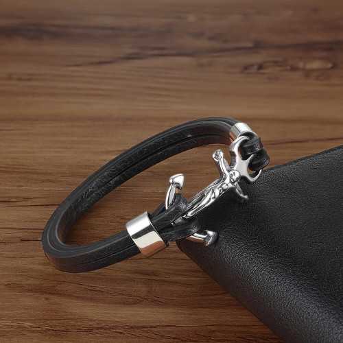 Pulsera de cuero con cierre de la cruz del anclaje marino Jesucristo acero inoxidable hombre de plata