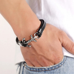 Pulsera de cuero con cierre de cruz marina ancla Jesucristo acero inoxidable plata para hombres