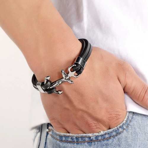 Braccialetto in pelle con chiusura Ancoraggio marino croce Gesù Cristo Cristo in acciaio inox argento