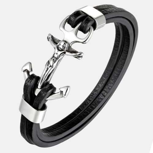 Bracelet Cuir Avec Fermoir en forme Ancre Marine Croix Jésus-Christ en Acier Inoxydable Argent Pour Homme