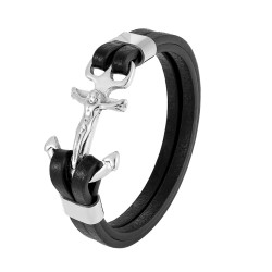Braccialetto in pelle con ancore marino croce Gesù Cristo in acciaio inox argento per uomo