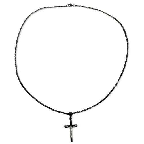 Men's Cross Pendant and Chain Jesus Christ Crucified Stainless Steel Black and Chain Man