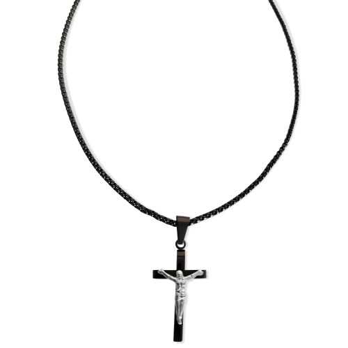 Pendentif Croix Homme et Chaîne Jésus Christ Crucifié en Acier Inoxydable Noir et Chaine Pour Homme