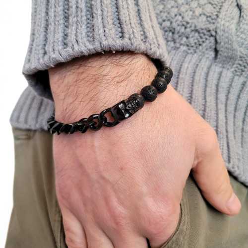 Bracelet Homme Double Têtes de mort avec Chaine Cubaine en Acier Inoxydable Noir et Pierres de lave Biker