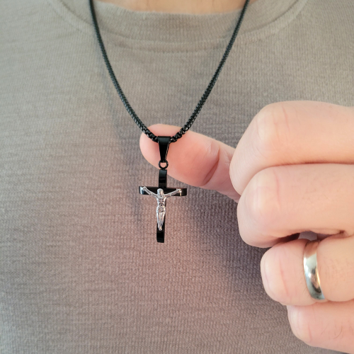 Men's Cross Pendant Necklace and Jesus Christ Crucified Chain in Black Stainless Steel and Men's Chain