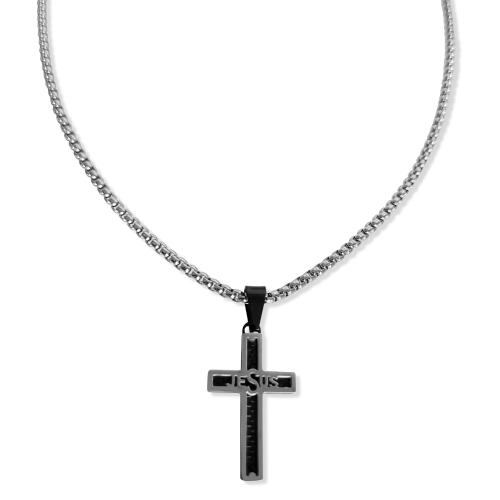 Men's Cross Jesus Pendant in Steel and Carbon Black and Chain Included