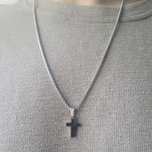 Collier Croix Homme En Acier Inoxydable - Pendentif Croix Chrétienne Argenté, Longueur 60cm - Cadeau Pâques, Noël