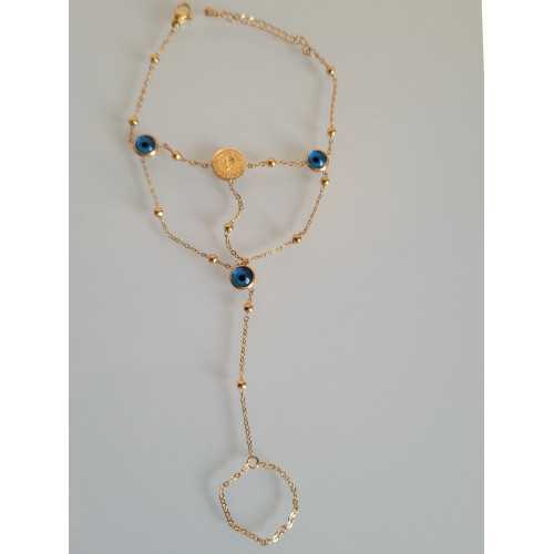 Bijou de main Femme Oeil protecteur et Bague Chainette Acier Or Fin