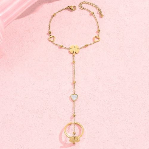 Hand Jewellery Woman and Hand Chain Brelocs Heart and Ring Clover Gold Steel