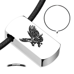 Pendentif Aigle Plaque Acier Inoxydable Noir Gravé Personnalisable et Collier Cordon Cuir