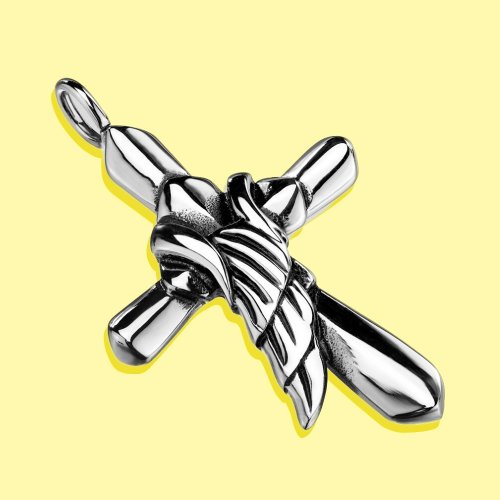 Pendentif Croix et Aile d'Ange et Chaine collier Homme Acier Inoxydable Incluse