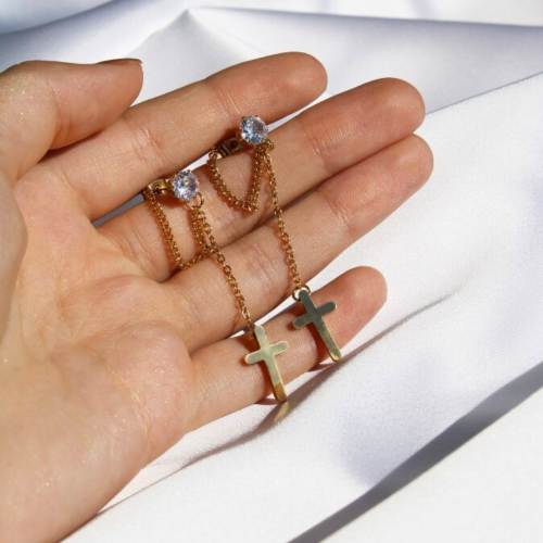 Earrings for Women Cross Suspended One Chain - Earrings With Zircon Gold Steel