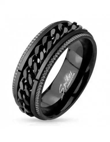 Men's ring in black plated steel with anti-stress chain