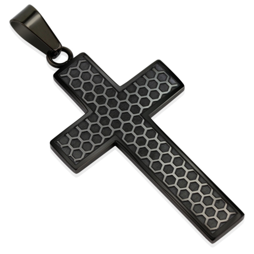 Pendentif pour Homme Croix Noire Originale avec Alvéoles en Acier et Chaine Incluse Gravure Possible