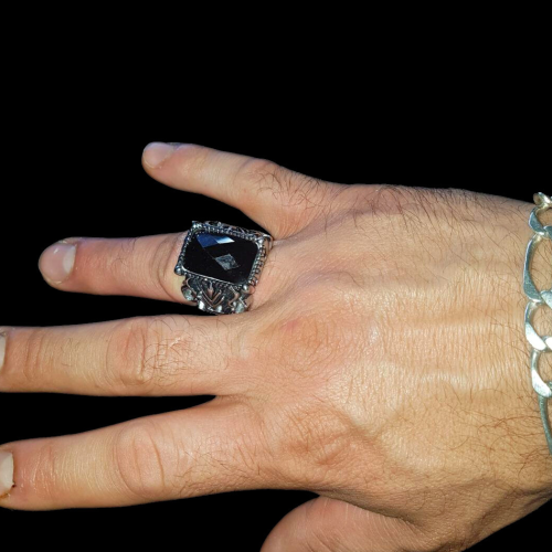 Chevalière XXL man steel and stone onyx black fleur de lys gothique